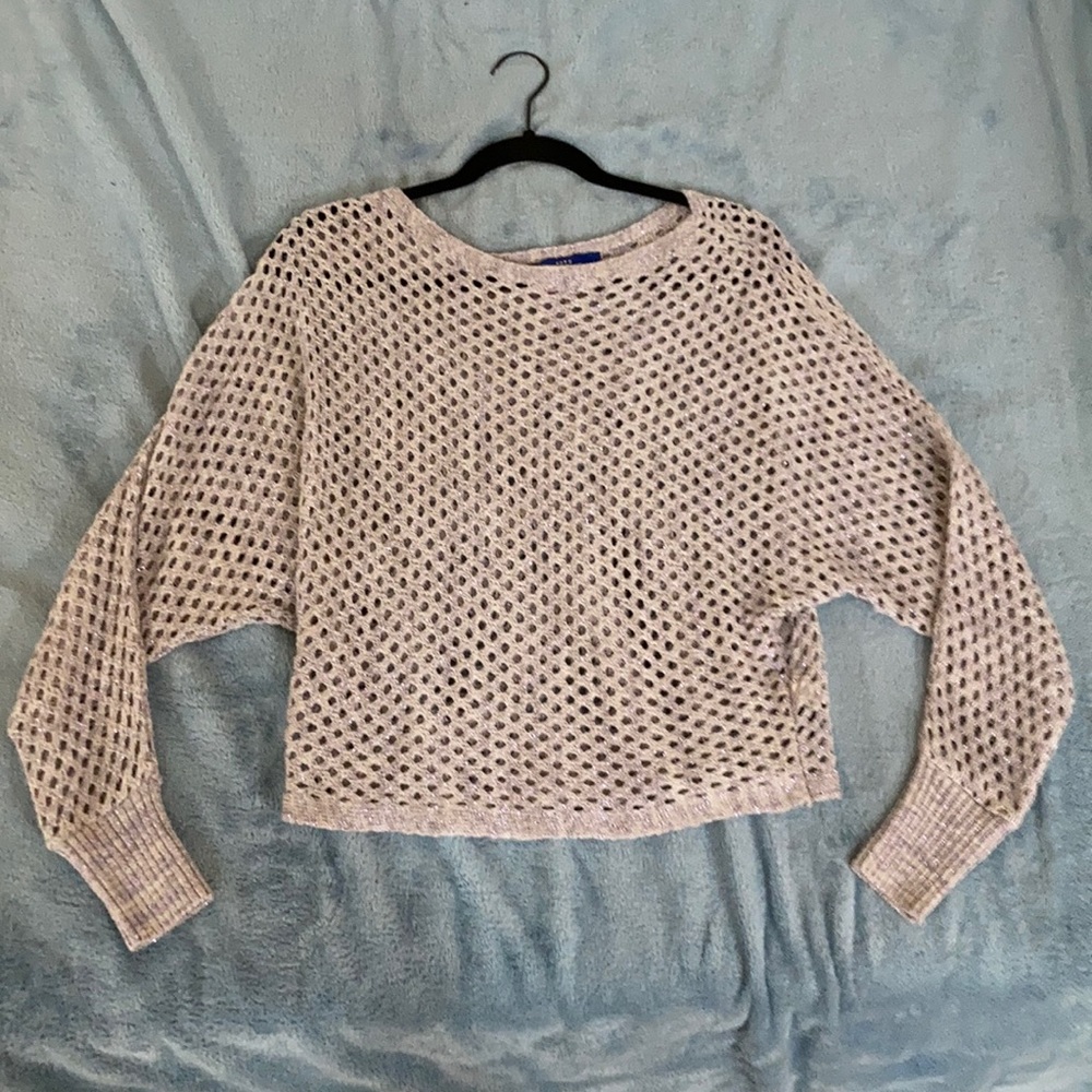 Purple metallic thread on crochet sweatshirt
